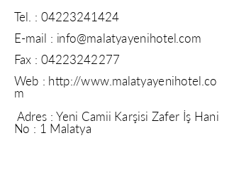 Yeni Hotel Malatya iletiim bilgileri